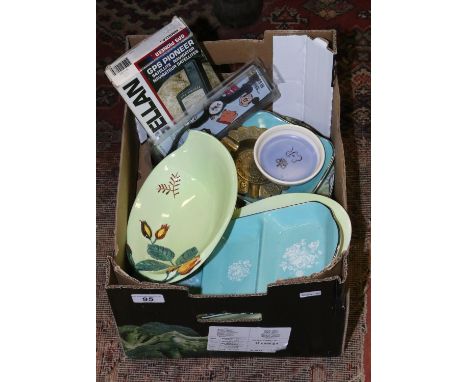 A box of miscellaneous to include Carlton ware, Poole, Coalport cabinet plates, magnifying glass, penknives etc.