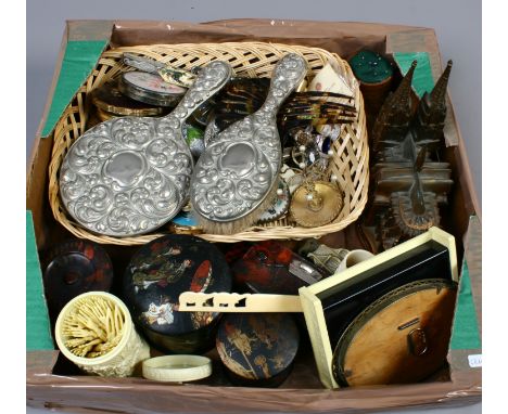 A box a collectables including lacquer ware, white metal brush set and powder compact etc.