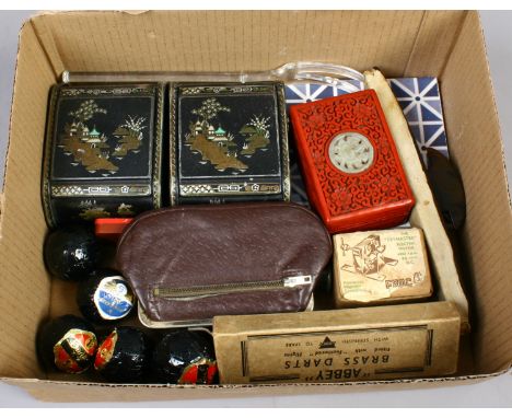 A box of miscellaneous including a cinnabar box with jade top and a pair of Japanned cigarette cases etc.