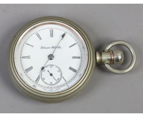 A silver plated American pocket watch with white enamel dial, Roman numeral markers, second subsidiary dial and marked Hampde