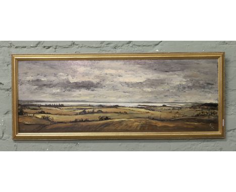 A gilt framed panoramic oil on board,landscape scene, monogrammed L. R.
