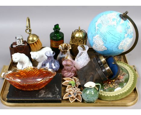 A tray of collectables to include tin globe, Lladro figures of polar bears, Edwardian dried flower display behind glass, stud