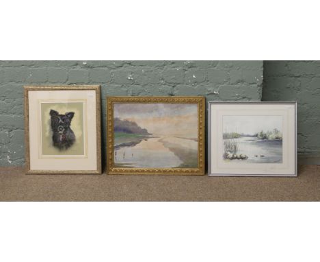 A framed pastel portrait of a terrier and two framed watercolours, beach scene signed Robert Horspool and a lake scene signed