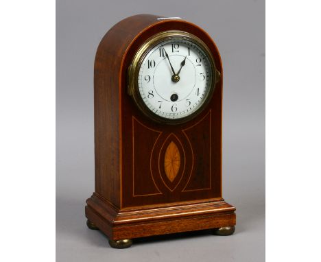 A C19th dome top mantel clock with white enamel dial and marquetry inlay.