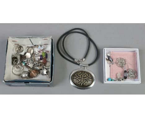 A box of mixed modern silver jewellery including multi gem set pieces, scent funnel and Celtic style pendant.