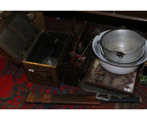 A large collection of metalwares and wooden items to include brass log box, brass companion set, pewter teapot, folding paras