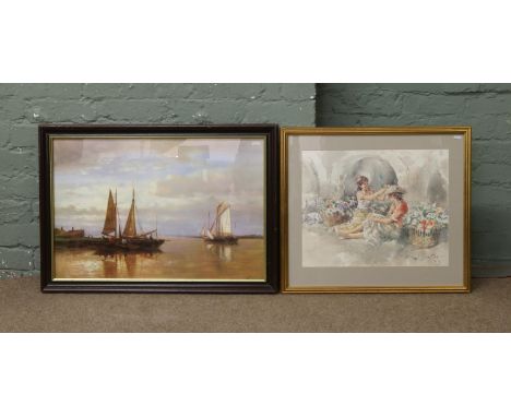 A framed Gordon King print of two flower girls along with an Abraham Hulk seascape print " becalmed in a bay"