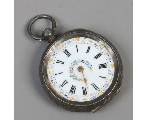 A silver fob watch with enamel dial.