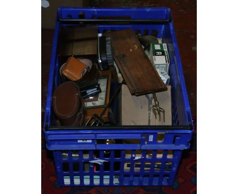 A box of collectables wooden items and metalwares etc including 1950s mantel clock, cased pewter tankard and brass toasting f
