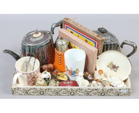 A tray of collectables to include silver plate, crested ware, vintage advertising tins, hat pins, tortoiseshell lute etc.