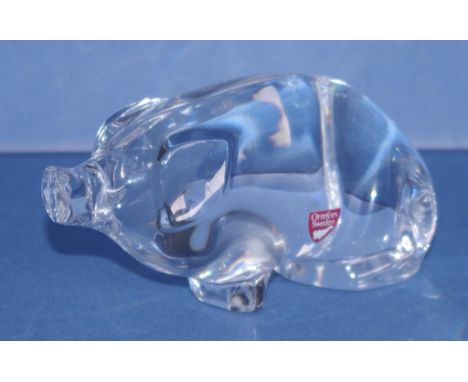 Orrefors crystal glass pig figure inscribed to base, paper label attached. (Length 16cm approx).