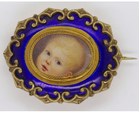 Antique gilt metal and enamel portrait brooch unmarked approx 19 grams total