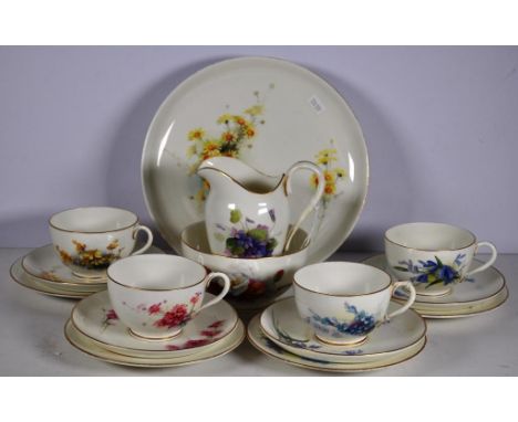 Vintage fifteen piece Royal Worcester teaset hand painted floral decoration, marked to bases, including 4 trios, a milk jug, 