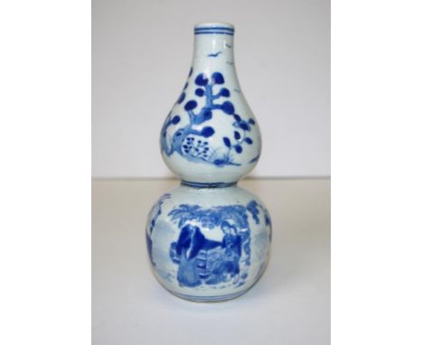 Antique Chinese blue & white  ceramic gourd vase blue & white figures in a garden decoration, 6 character mark to base. (As i