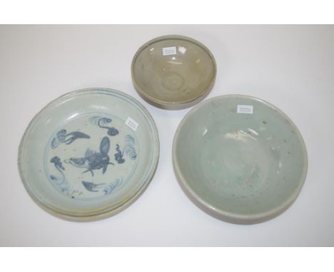 Three various Chinese Ming/Ching Dynasty bowls including Ming celadon bowl, (diameter 122cm approx); blue & white Ching Dynas