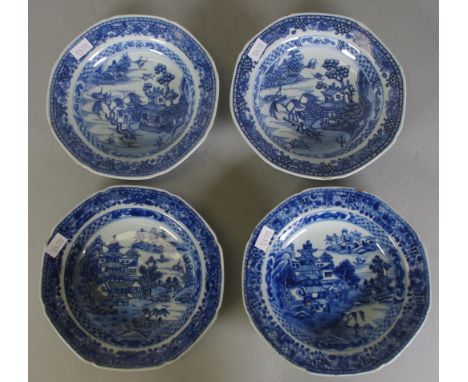 Set four antique Chinese export ceramic dishes blue and white pagoda and lake decoration. Circa 1750.  Diameter 16cm approx, 