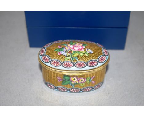 Halcyon days enamel & gilt floral trinket box in original box with certificate, width 7.5cm approx