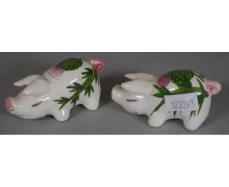 Pair Wemyss Plichta ceramic pig figures floral decorated, marked to bases. (height 3cm, length 6cm approx, each).