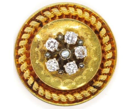 Diamond, pearl and gold shield pendant shield for restoration. Approx 6.36 grams tests as 22ct. 5x round brilliant cut diamon