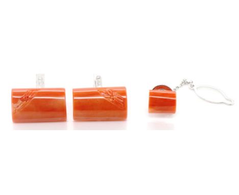 Coral cufflinks and tie pin marked silver to wing back