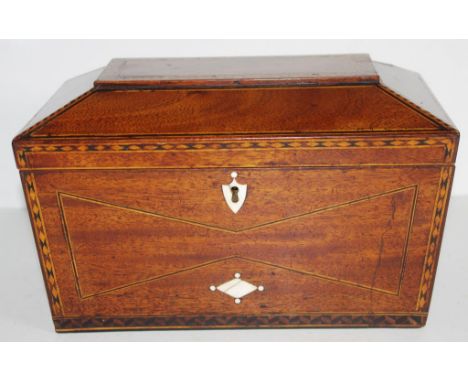 Regency mahogany caddy sarcophagus form, inlaid with various woods and ivory, matching twin lid interior with ivory knobs, gi