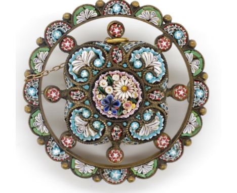 A good Antique micro mosaic brooch polychrome floral patterns set in a brass setting. As well as sterling silver marcasite ri