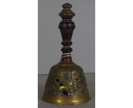 Vintage Dutch brass sanctuary bell with names of Mathevski, Marcus, Lucas and Johannes inscribed to bell, ceramic handle. Hei