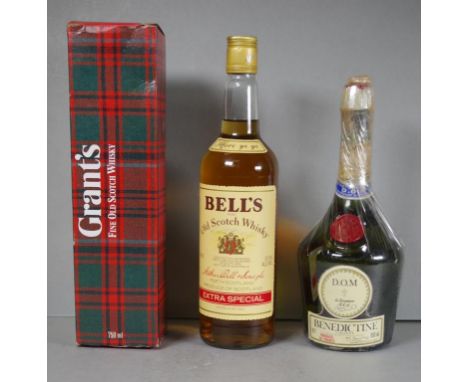 Three bottles: Grant's Scotch Whisky, Bell's Scotch Whisky 750 ml and D.O.M. Benedictine Liqueur 680 ml