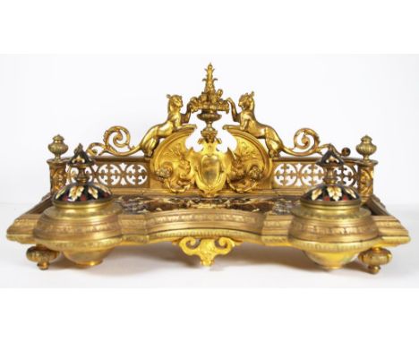 Antique French champleve enamel standish with ornate Medici crest, fitted inkwells, and pen rest, width 37cm X depth18cm X he