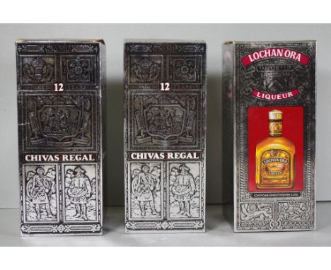 Three bottles: 2x Chivas Regal Scotch Whisky and 1x Lochan Ora Liqueur, all 750 ml