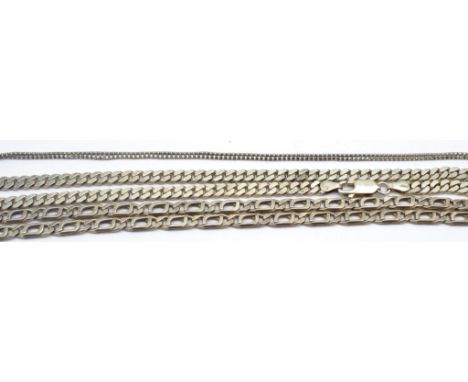 Three sterling silver chain necklaces all marked 925, approx 72cm, 58cm, 46cm lengths, total weight, 66 grams.