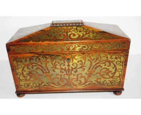 Regency rosewood sarcophagus caddy with intricate brass inlay, triple interior with matching canisters, c.1825