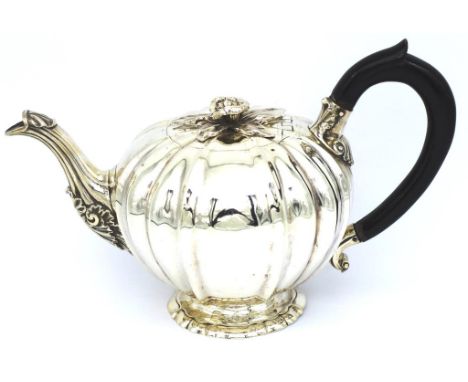 William IV sterling silver teapot by Richard Sibley I London 1830 with Makepeace retailers mark. Of footed lobed bullet or sk