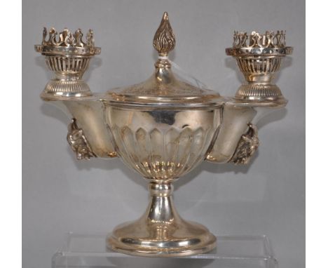 Victorian silver plate adapted fuel lamp adapted for electricity, from original twin fuel lamp. Engraved and reeded decoratio