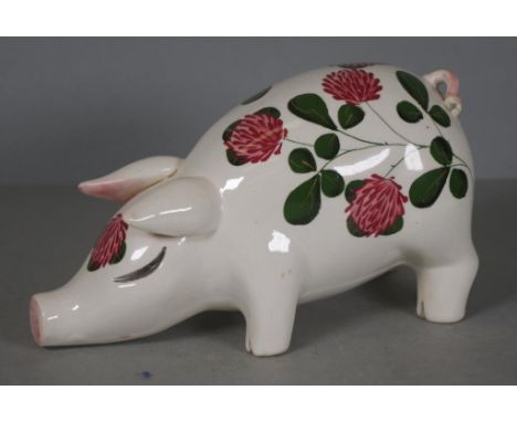 Large Wemyss Plichta ceramic pig figure hand painted floral decorated, marked to base. Height 15cm approx. Length 23cm approx