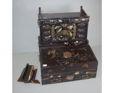 Antique Chinese Chinoiserie writing slope with bird and floral mother of pearl inlay (as inspected)