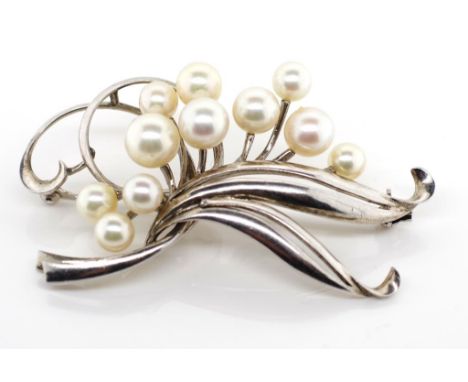 Mikimoto pearl and silver brooch sterling silver flower form set with budding pearl marked Mikimoto Japan M S approx 11x  whi