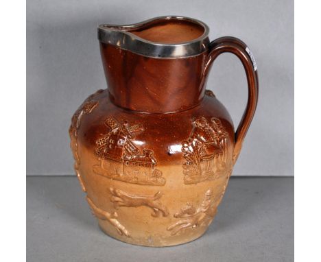 Victorian Harvest jug with sterling silver rim, hallmarked London 1881, 17cm high approx.,