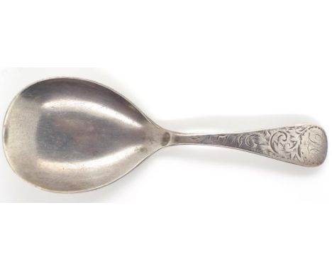 Edward VII sterling silver caddy spoon Old English pattern with hand engraved scroll work to terminal. By Joseph Gloster Birm