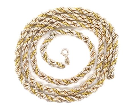 Sterling silver rope twist necklace alternating two tone chains. Marked Sterling, approx 76cm length, 37 grams total weight