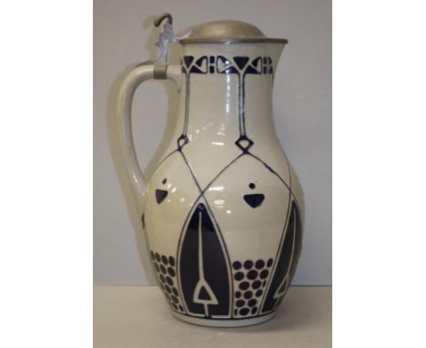 Reinhold Merkelbach salt-glazed stoneware designed by Joseph Hahn, with moulded decoration painted in blue and green enamel, 
