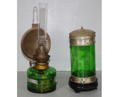Harnisch (Denmark) fuel lamp with green glass reservoir, (height 30cm approx); together with vintage green glass lidded canis