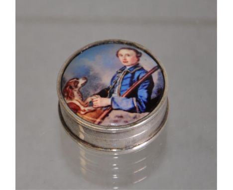 Sterling silver and enamel lidded pill box enamel portrait of a woman with dog to lid. Stamped 925 to base. Diameter 3cms app