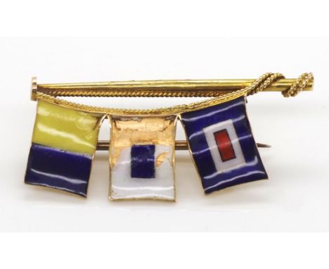 Australian 15ct gold and enamel brooch showing semaphore "KSW" A/F to the enamel. Marked 15ct A.P approx 3.7 grams total weig