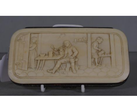 Vintage carved ivory faced purse carved ivory figures in a dining room scene to face, with ivory backing, with fitted interio