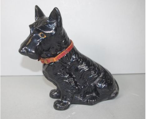 Large Sylvac black scotch terrier dog figure marked to base and # 1208, with red leather collar, and original paper label att