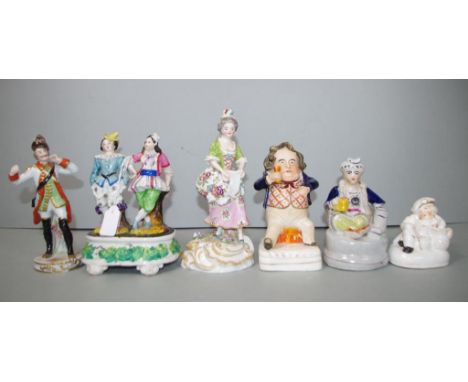 Six various antique ceramic figures including pair dancers, (height 16cm approx); standing woman; standing man in uniform; an