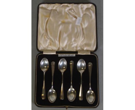 Cased set six George VI sterling silver teaspoons hallmarked Birmingham 1937, Maker: Barker Brothers Silver Ltd , 38grams app