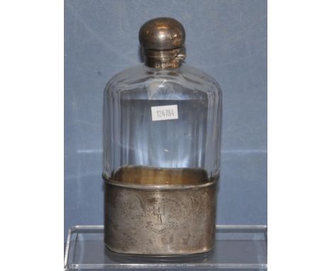 Victorian sterling silver & crystal whisky flask London 1889, makers W. & G. Neal, sterling silver cup and cap, crested, to c