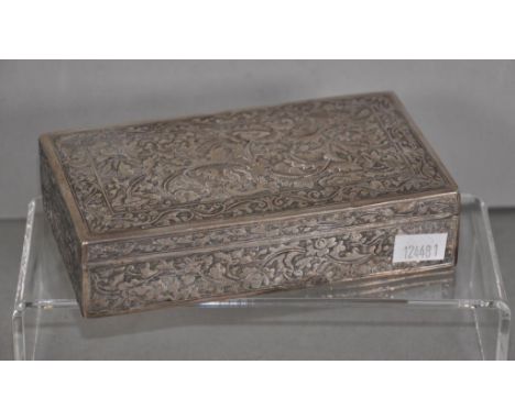 Chinese silver engraved trinket box stamped to base, with floral and leaf decoration, width 14cm X depth 8cm approx, 284 gram